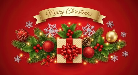 Christmas-themed decorations with a red background and gold ribbon.