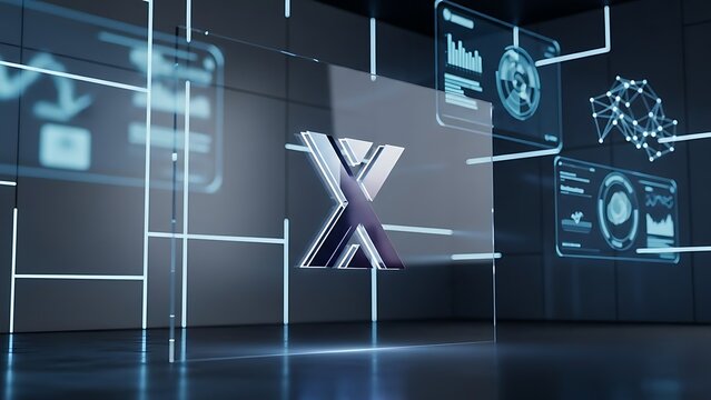 Futuristic Digital Interface with Glowing X Symbol and Data Visualizations. - Powered by Adobe