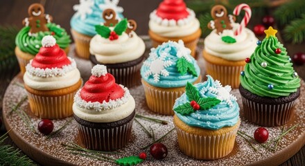 Christmas-themed cupcakes with icing decorations on a wooden table.