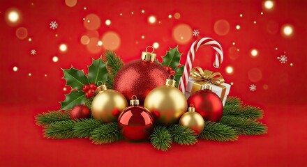 Christmas decorations on a red background with snowflakes and lights.