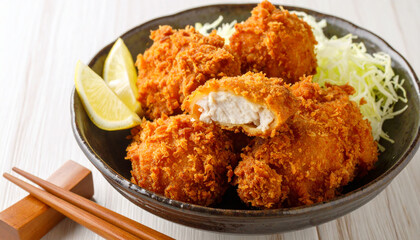 Crispy fried chicken pieces on a plate with lemon wedges