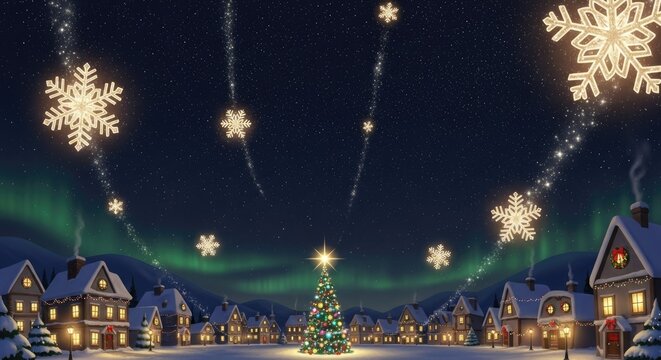 A serene Christmas scene with a snow-covered village, a Christmas tree, and snowflakes in the sky. - Powered by Adobe