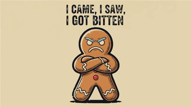 Angry gingerbread man standing with crossed arms and funny "I Came I Saw I Got Bitten" quote illustration