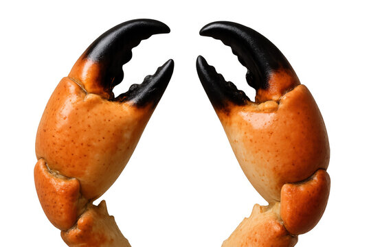 Stone crab claws displaying orange shells and black pincer tips, a popular seafood delicacy with transparent background