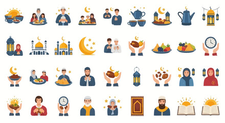 Ramadan Islamic Icons Collection Featuring Mosques Dates Lanterns and People. Vector Illustrations. EPS Editable