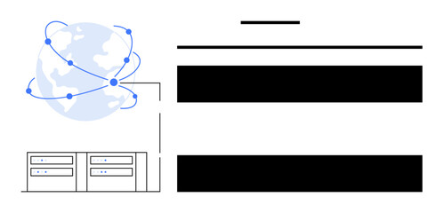 Globe connected by lines and nodes, linked to data servers, visualizing global networking, data storage, cloud computing, digital communication, online platforms, technology infrastructure, simple