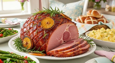 A beautifully decorated Easter ham on a white plate with garnishes and a festive setting.