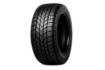 Vehicle tire displaying durable rubber tread pattern for automotive use, isolated on a transparent background