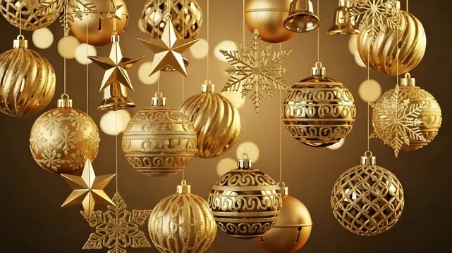 Golden christmas ornaments and decorations hanging on strings with bokeh lights on brown background