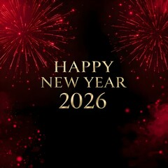 Elegant Happy New Year 2026 Background with Red Fireworks.