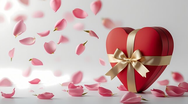 red heart gift with golden ribbon and floating petals on white background - Powered by Adobe