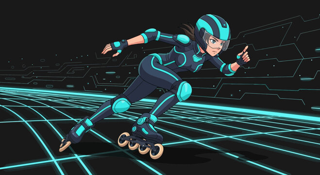 Futuristic Woman Rollerblading with Neon Lights.