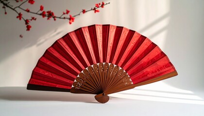 Red Handheld Fan with Cherry Blossoms, Japanese Style, Asian Culture