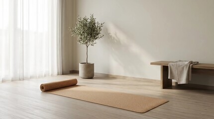 A serene yoga mat lies on a wooden floor beside a potted tree in a peaceful indoor setting