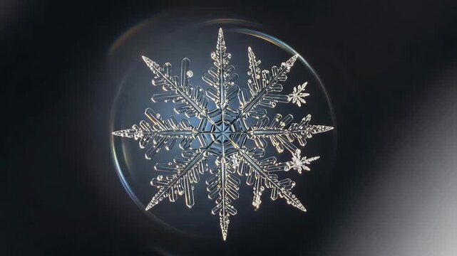 A stunning closeup of a delicate snowflake on a dark background with a transparent circle around it
