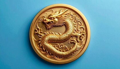 Golden Dragon Medal on Blue Background