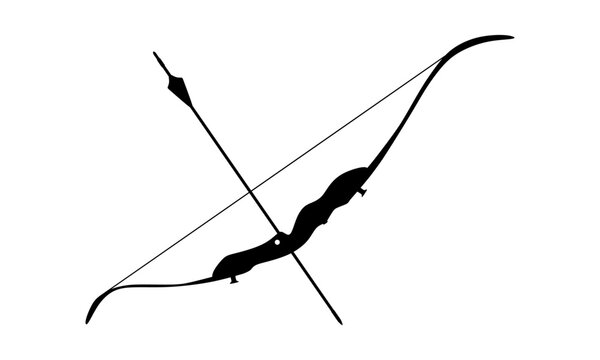 Black silhouette of recurve bow and arrow, isolated on white background, ideal for logos, icons, decals, sports branding, and minimalist design projects.