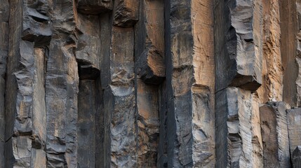 Close-up view of dark, columnar basalt formations. The sunlight softly highlights the textured rock faces, adding depth and shadow