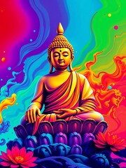 Obraz premium Vibrant, graphic Buddha figure, bold colors, iconic style, energetic composition, art, bold
