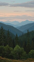 Artistic oil painting capturing majestic layered peaks, dense forest, and lush green trees beneath a soft, cloudy sky at twilight ,lush, dawn, view