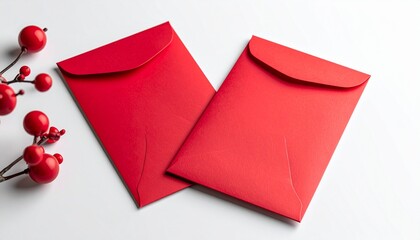Red envelopes with red berries on white background
