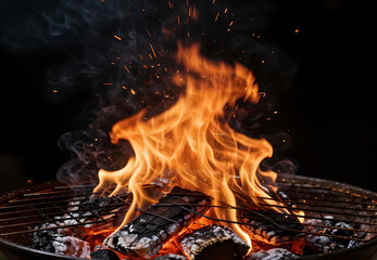Burning firewood on barbecue grill with flames and sparks on dark background