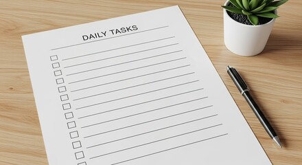 A white paper with a list of daily tasks on a wooden desk with a green plant and a pen.