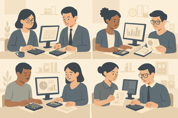 Diverse group of accountants and business professionals working with computers and calculators.