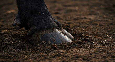 Close view of a large, dark hoof pressing into damp soil, showing the texture of the animal's foot and the surrounding earth, donkey, biology, mammal