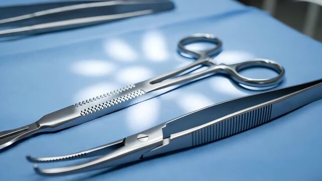 Surgical instruments including forceps and scalpel on blue surface in medical setting for operations