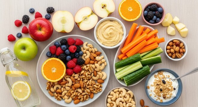 A variety of healthy snacks and fruits arranged on a wooden table.