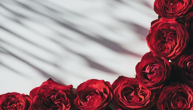 A refined composition of blooming red roses arranged elegantly along the lower and side edges of the frame, forming a natural floral border while leaving a large clean blank space in the center