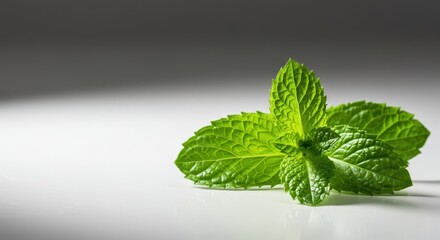 Vibrant green spearmint leaves resting on a clean white surface, conveying healthy flavor, cooling sensation, and natural aroma ,cooling sensation ,Mint ,garnish