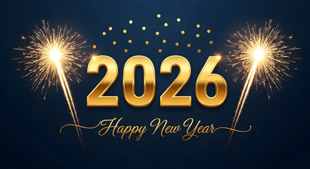 Elegant 2026 happy new year golden text with sparklers on a dark background for festive celebration