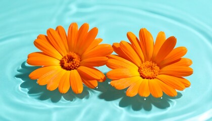 Two vibrant orange blossoms float on a serene, light blue, rippling water surface, creating a simple yet striking composition