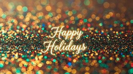 "Happy Holidays" text in elegant gold script over shimmering multicolored glitter background, festive greeting for Christmas and winter celebrations

