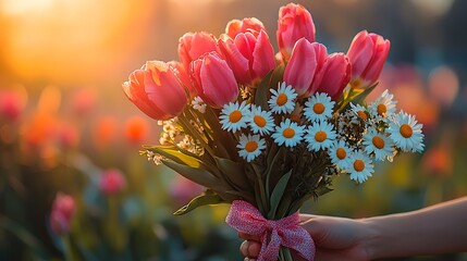 Hand holding vibrant spring bouquet of pink tulips and white daisies with red ribbon in golden hour light