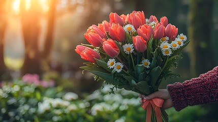 Close-up of a hand holding a fresh bouquet of red tulips and white daisies with an orange ribbon, bathed in warm sunlight outdoors.