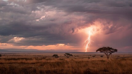 Dramatic landscape of the savanna under a stormy sky, illuminated by a brilliant lightning strike. The image evokes power and the forces of nature
