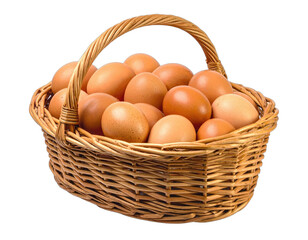 A rustic basket brimming with fresh, brown eggs against a transparent background