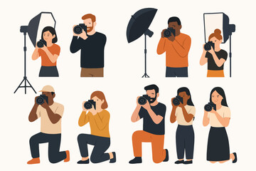 Diverse group of photographers capturing moments with cameras and studio lighting.