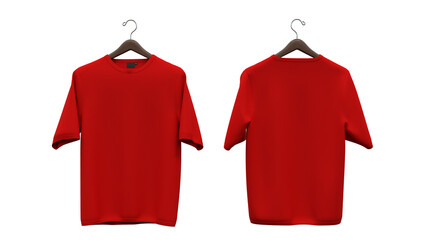 Mockup t-shirt rouge sur ceintre, devant derri&egrave;re, rendu 3D sur fond transparent