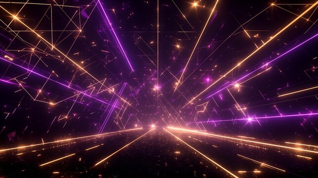 Night, purple and golden laser, dj club party rave in music festive, concert and dance ball