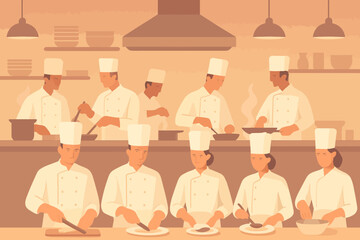 A group of chefs in a professional kitchen preparing various dishes.