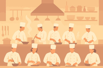 Group of chefs in a professional kitchen preparing food.