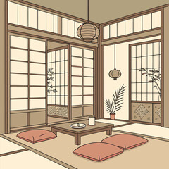 Traditional Japanese Room Interior with Tatami Mats and Shoji Screens.