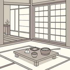 Traditional Japanese Tea Ceremony Setting with Table and Utensils.