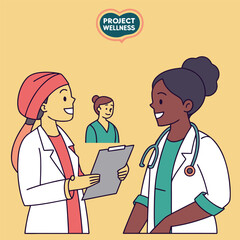 Two doctors discussing patient care with a colleague in the background.