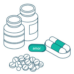 Two medicine bottles with pills and capsules and a pill labeled amor.