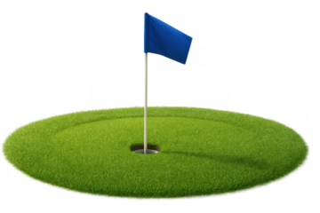 Golf putting green with hole and blue flag on transparent background, symbolizing achievement, success, and goal setting